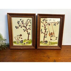 Set of 2 Jean Henry Theorem Paintings Framed Girl & Apple Tree 6"x8" Country Art